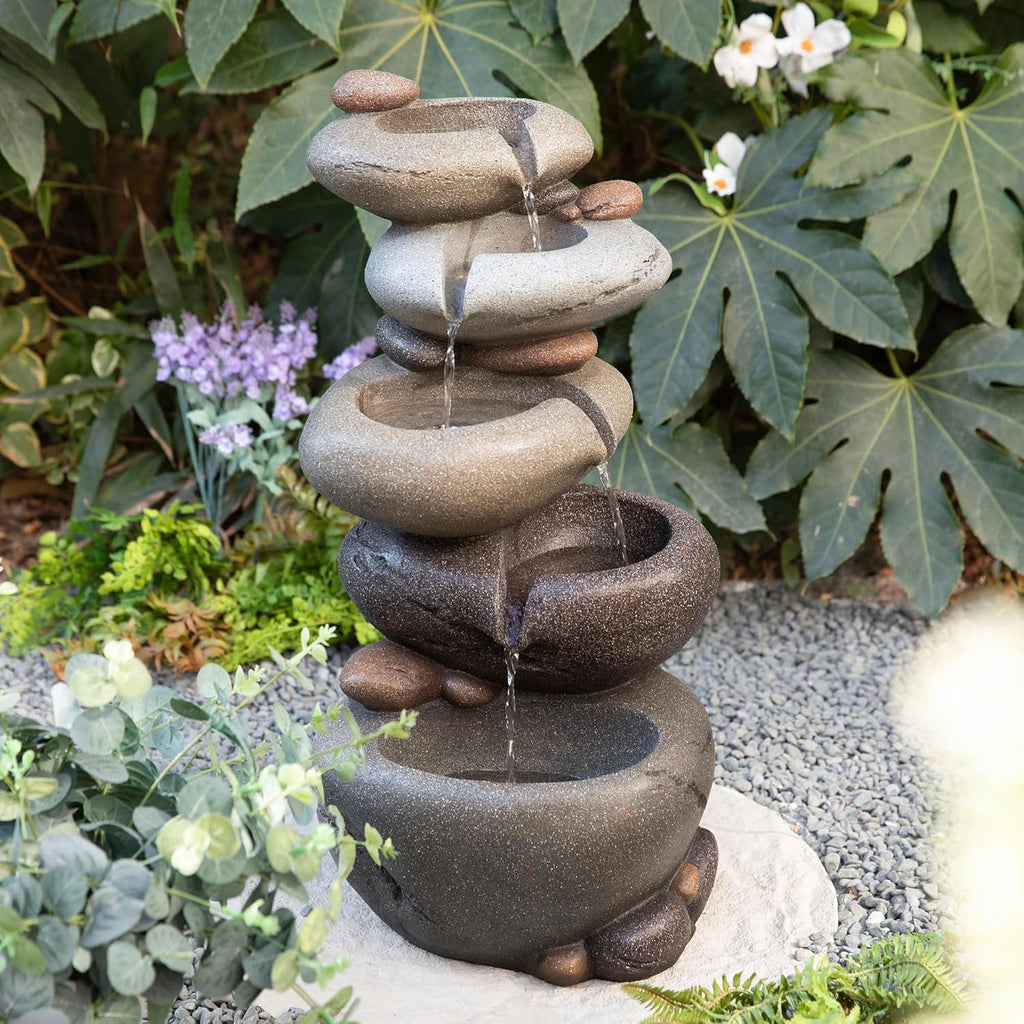 Water Fountain Outdoor, 5-Tiered Stacked Pebbles Outdoor Fountain with LED Lights and Pump, 24.5" H Zen Style