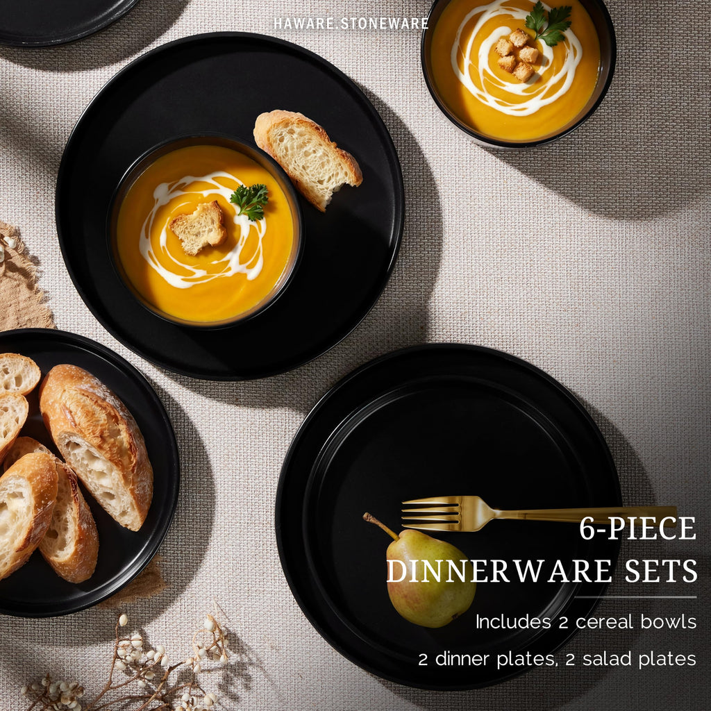 Dinnerware Sets, Plates and Bowls Set for 2, Matte Shadow Black