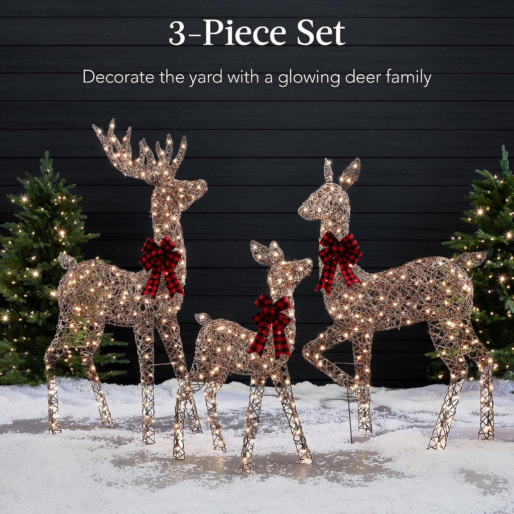 3-Piece Large Lighted Christmas Deer Family Set 5Ft Outdoor Yard Decoration with 360 LED Lights, Stakes, Zip Ties
