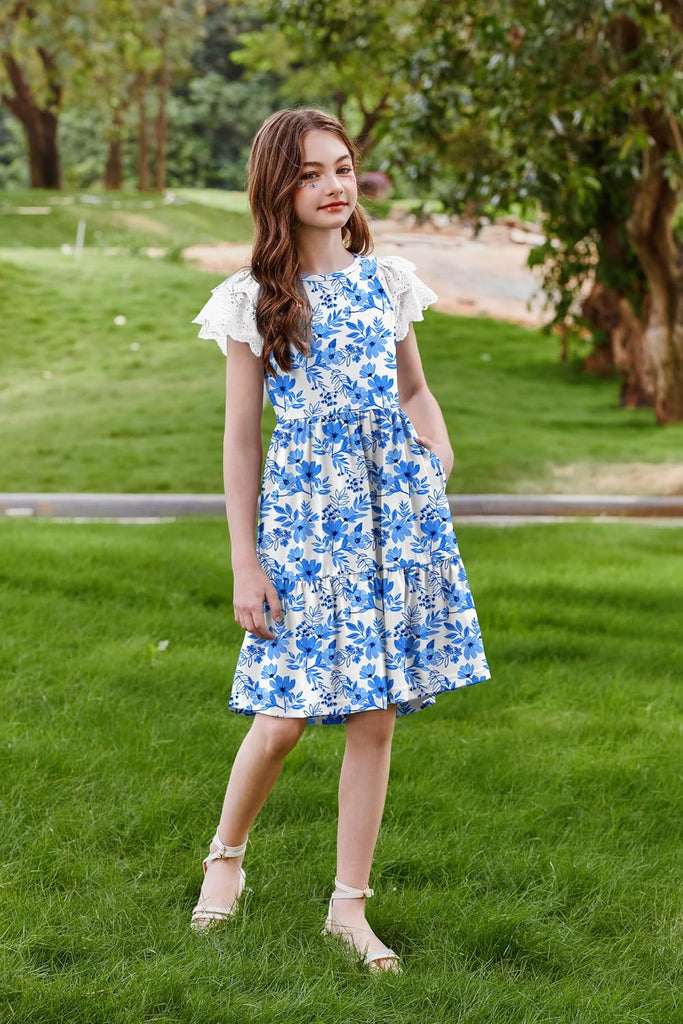 Girls Summer Dresses Casual Flutter Sleeve Midi Dress with Pockets