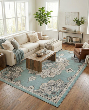 Parker Rug - 10' x 13' Aqua Easy-Clean Rug - Vintage Medallion