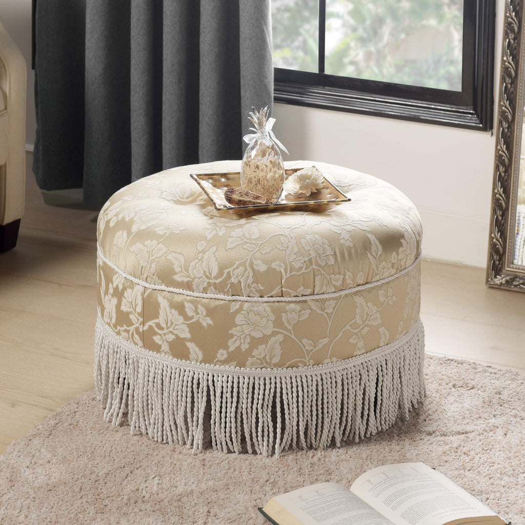 Yolanda Collection Traditional Modern Cotton Blend Hand Tufted with Cord and Fringe Round Ottoman, Neutral 24" x 14"