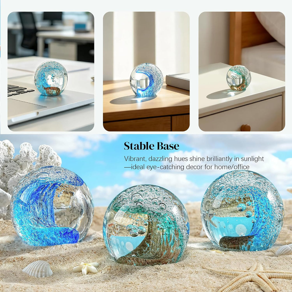 Hand Blown Glass Ocean Waves Ball Paperweight