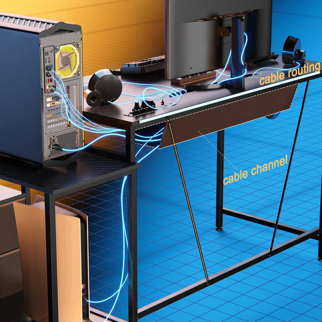 60" Reversible Computer Desk Carbon Fiber Texture Includes Storage Drawers Power Outlet and LED Lights Gaming Desk