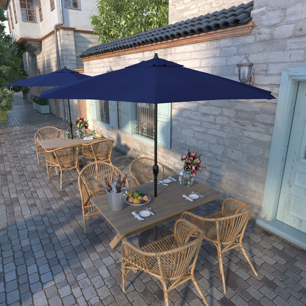 Umbrella 9' Rd Sunbrella Aluminum Patio Umbrella, Crank Lift, Auto Tilt, Bronze Pole, True Blue Fabric
