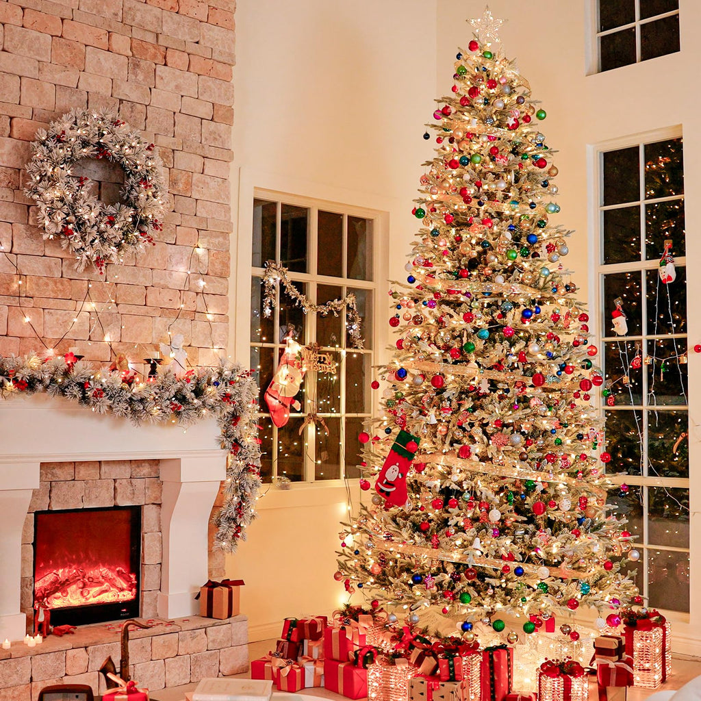 12 ft Prelit Christmas Tree with Realistic Flocked PE Foliage