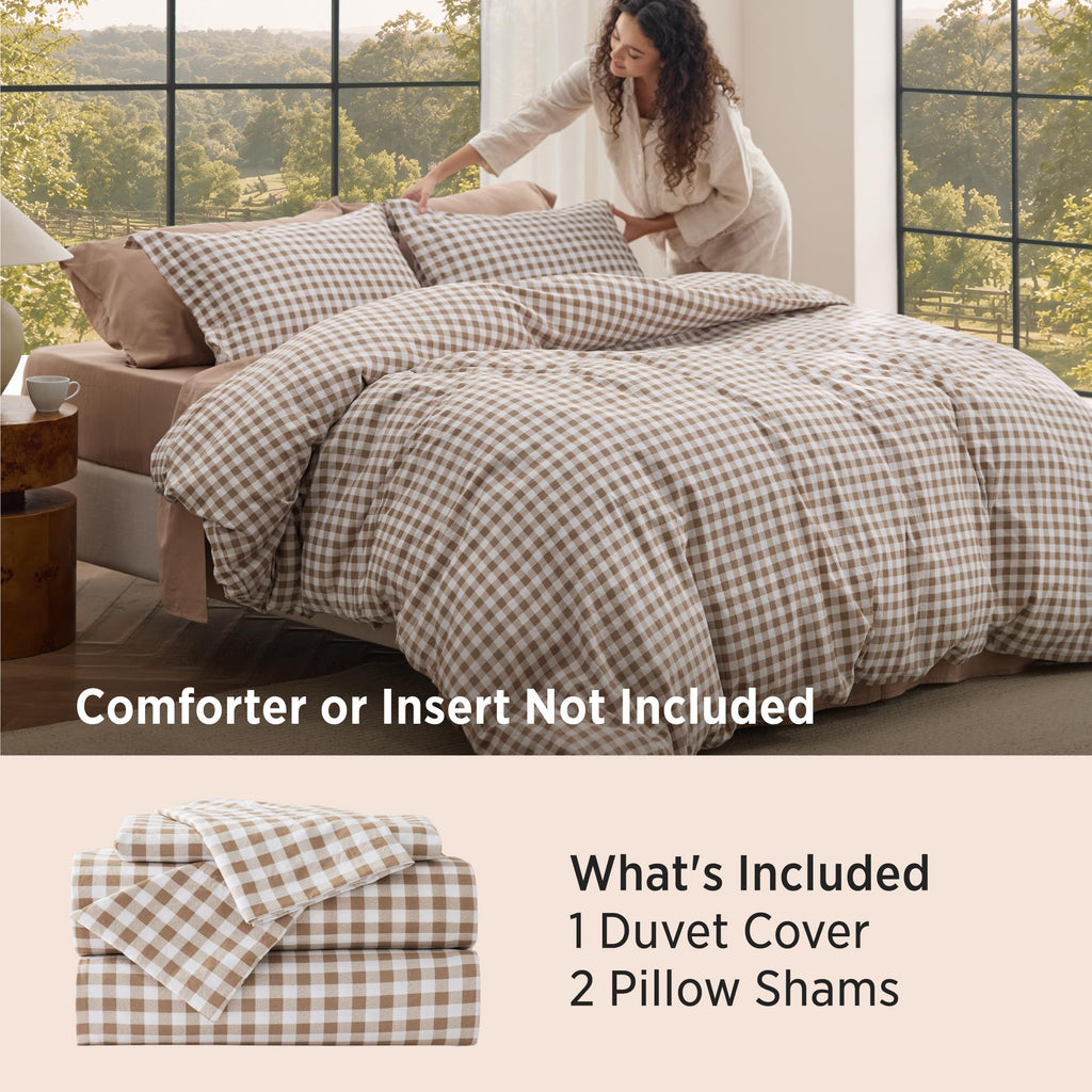 Gingham Duvet Cover Set Cotton-Like Bedding, Brown
