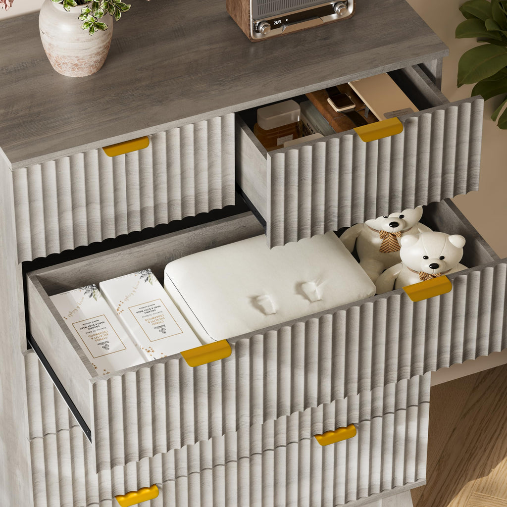 46" Tall, 6-Drawer Fluted Chest of Drawers, Modern Wood Highboy with Deep Storage, Metal Slides and Handles