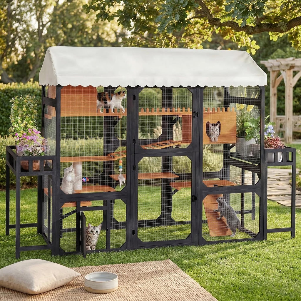 107" Large Outdoor Cat Enclosure with Plant Stands, Wooden Cat Patio with Ramps, Bridge, Outdoor Cat House, Sleeping