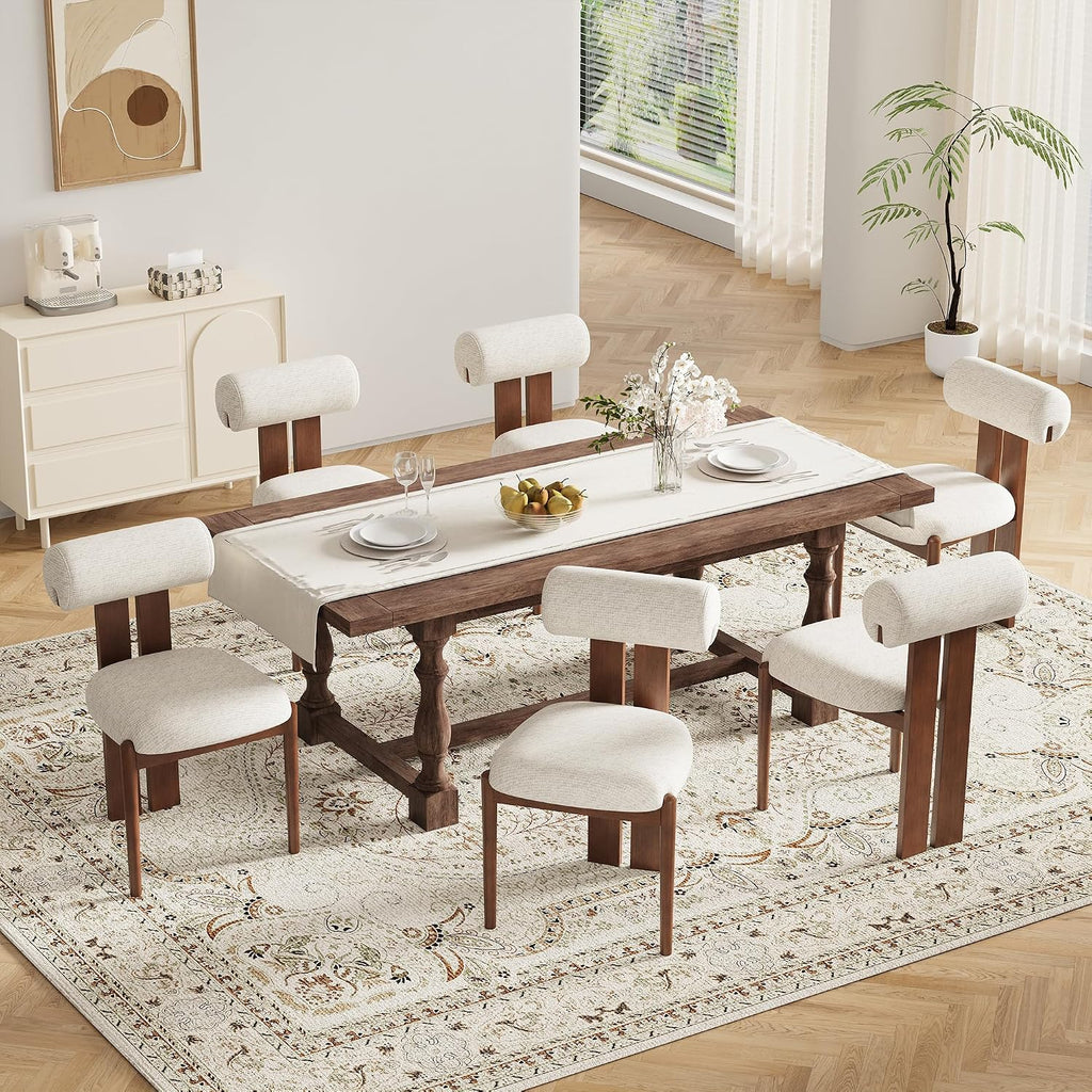 Modern Wooden Dining Chairs Set of 4, Upholstered Fabric Kitchen Chairs with Sculptural Backrest, Mid-Century