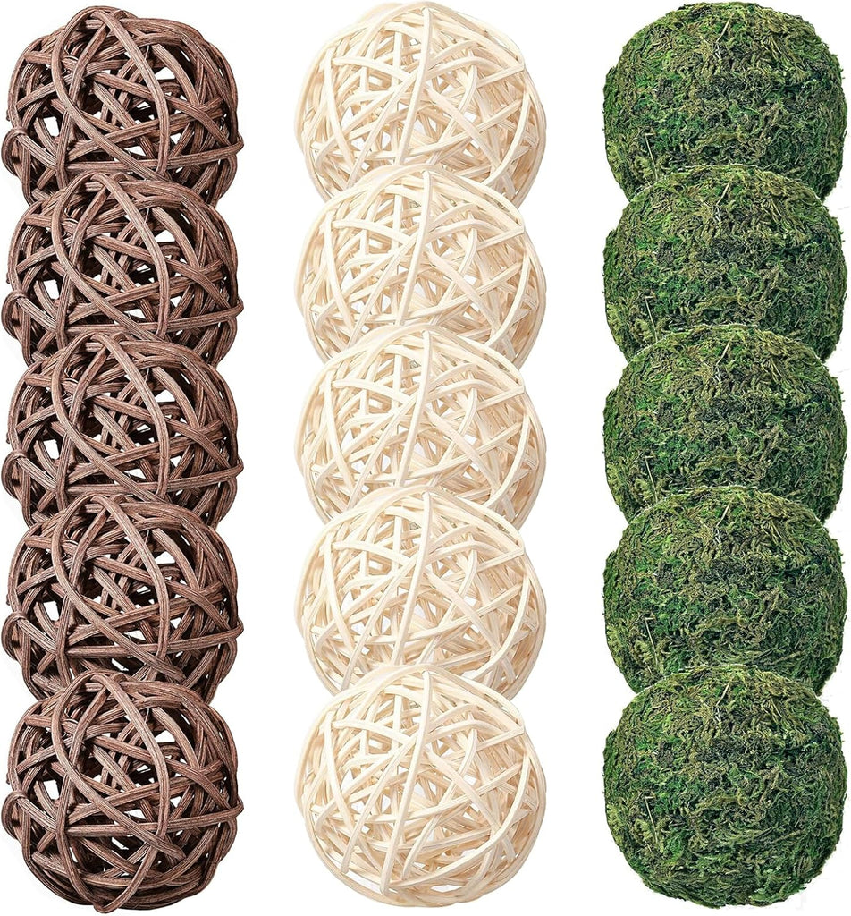 Decorative Balls for Vase Centerpiece Bowls Orbs Filler Table Decor, 2.4 in Wicker Rattan Balls and Moss Balls - Set of 15