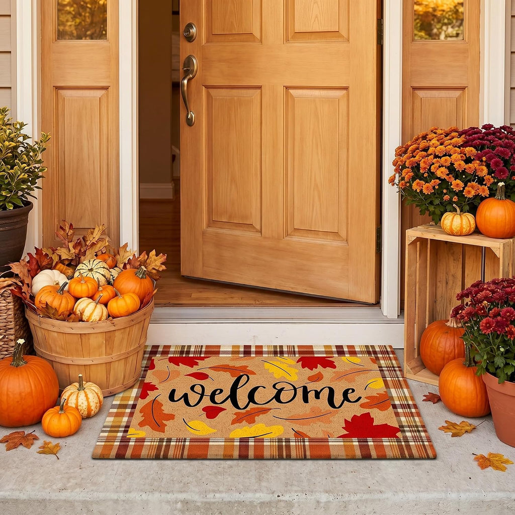 2 Pcs Fall Leaves Layered Doormats Fall Coir Welcome Mat | Non-slip Autumn Door Mat, Brown and White Plaid Rug