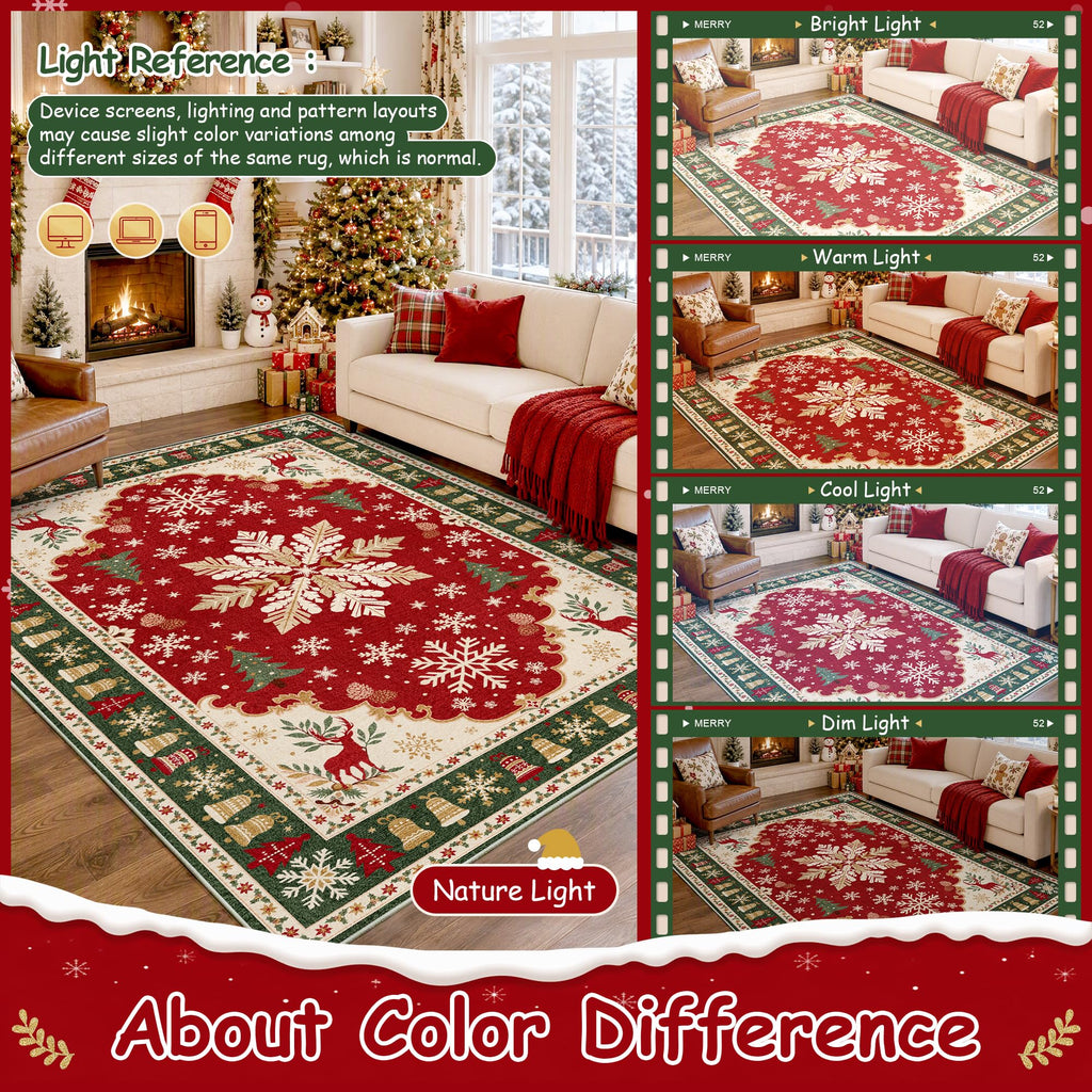 Christmas Red Snowflake Medallion Xmas Washable Entryway Rug