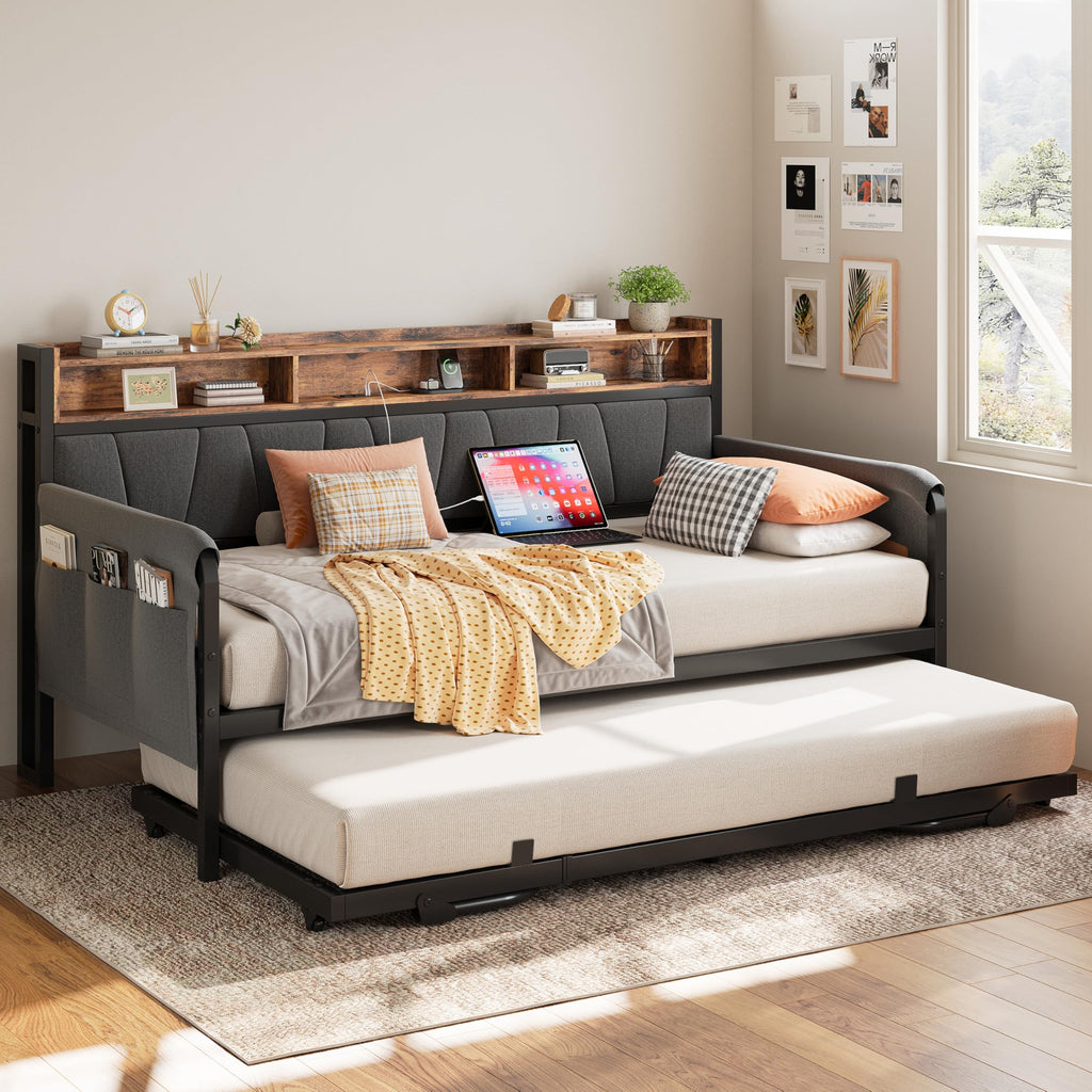 Daybed with Trundle, Storage Headboard and Charging Station, Black