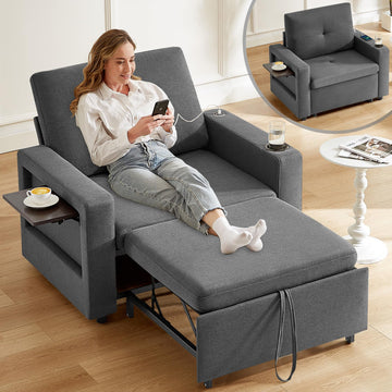 42.5" Sleeper Chair Bed, 3-in-1 Convertible Reclining Sofa Chair with Pull Out Couch Bed, Adjustable Backrest, Side