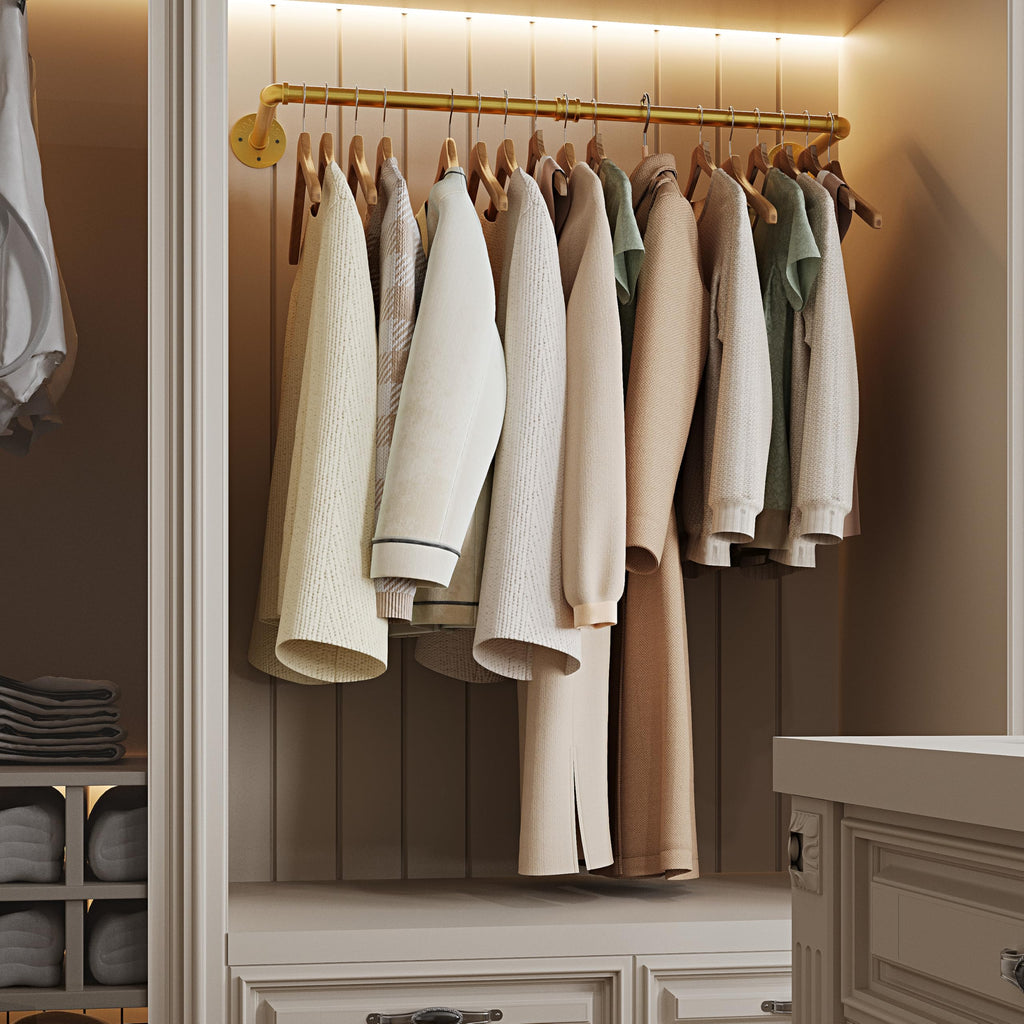 Wall Mounted Clothes Rack, Industrial Pipe Clothing Rack 32 Inch Gold, Wall Clothes Hanger , Cloakroom, Closet