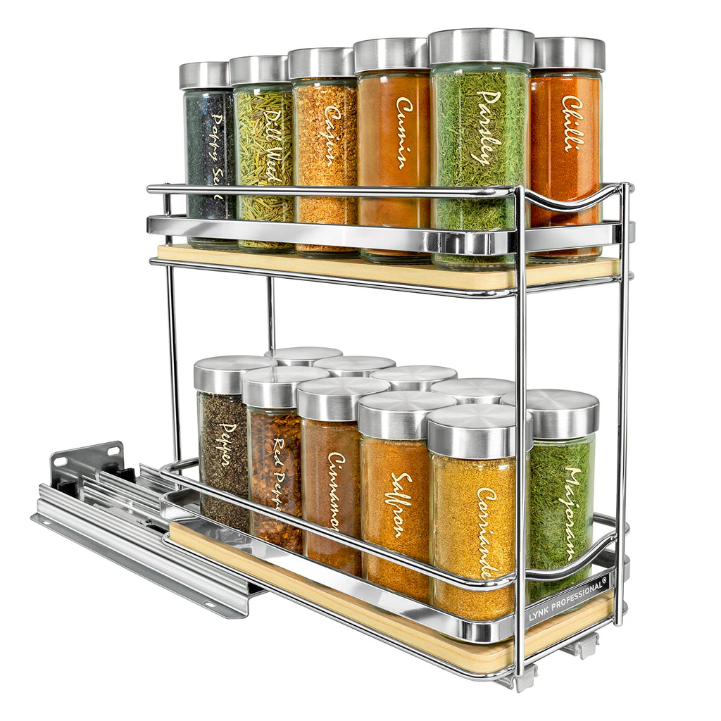 ÉliteTM Pull Out Spice Organization for Cabinets - 4-3/8 inch Wide - Spice Rack for Inside Cabinets - Wood/Chrome