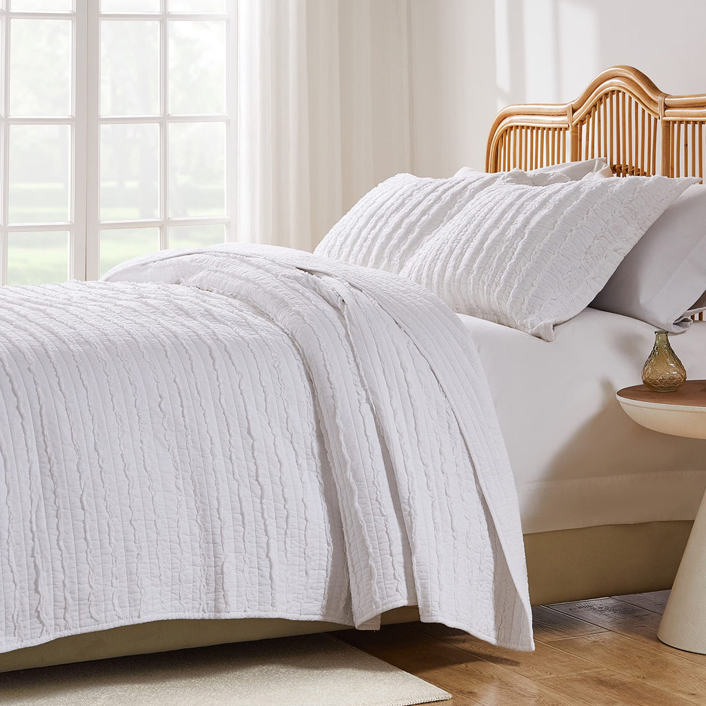Home Ruffled White 100% Cotton Quilt Set with Ruffle Embellishments - 2 Piece /XL - White