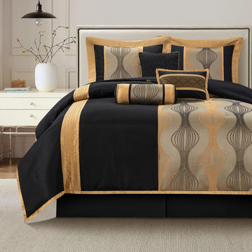 Queen Comforter Set, Black Gold, 7 Pieces Bed in a Bag, Ultra Soft Jacquard with Solid Piecework, Luxury Bed Set with