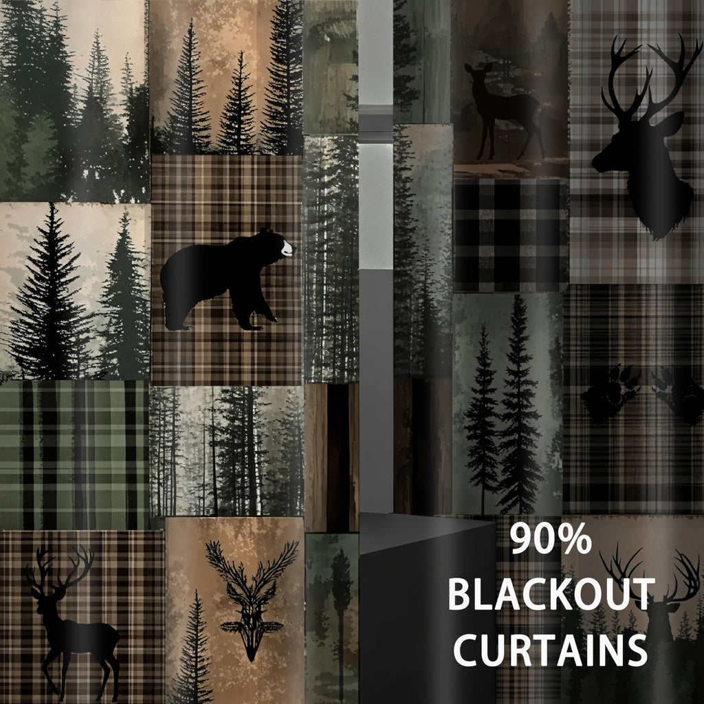 Rustic Cabin Bear Deer Forest Blackout Curtains, 2 Panels 42x84 Inch