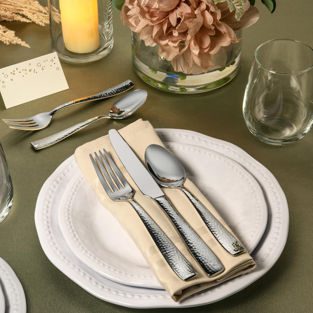 65-Piece Hammered 18/10 Stainless Steel Silverware Cutlery Set, Flatware Service for 12