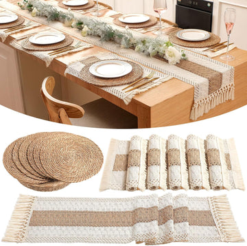 Boho Table Runner and Placemats Set, 6 Sets, Brown, 12x72 - Set of 6
