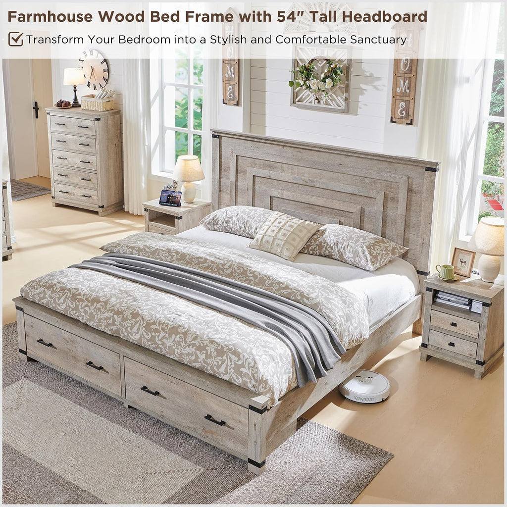 54" Tall Farmhouse Queen Wood Bed Frame with Headboard, Light Rustic Oak