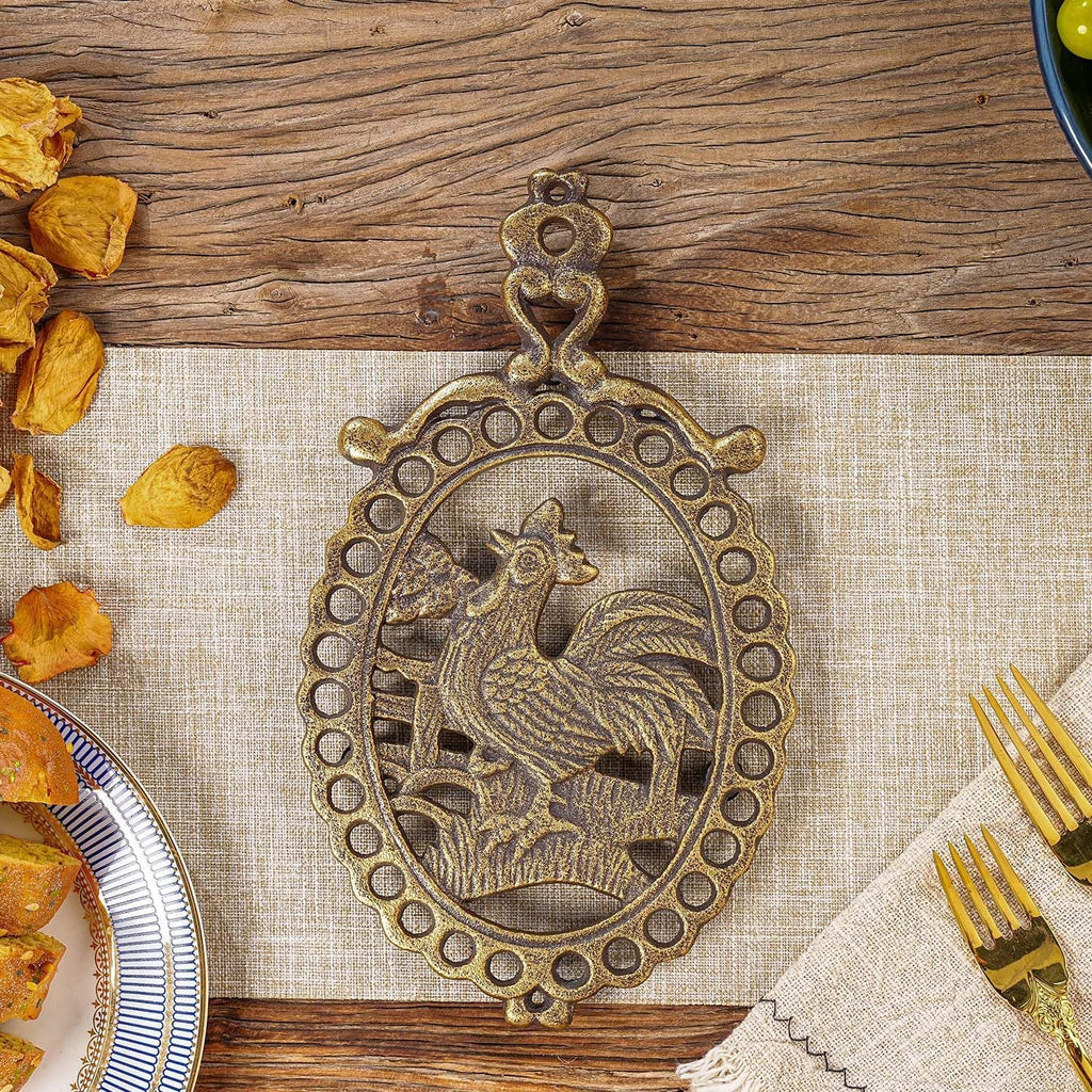 Vintage Rooster Cast Iron Trivet, Oval-Shaped Black Gold Trivet