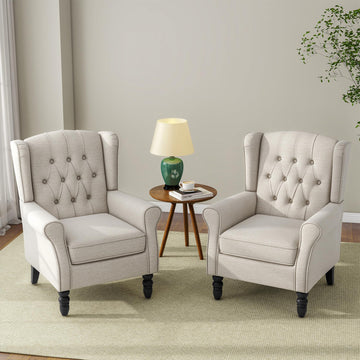 Wingback Accent Chairs Set of 2, Tufted High Back Armchair, Beige