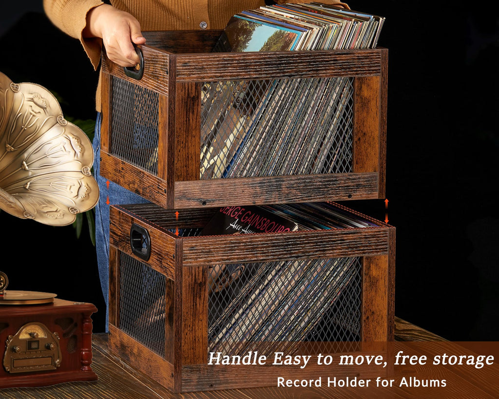 Vinyl Record Storage Crate Wooden Record Holder, Classic Cube Record Organizer Storage 100+ Records, Brown Color