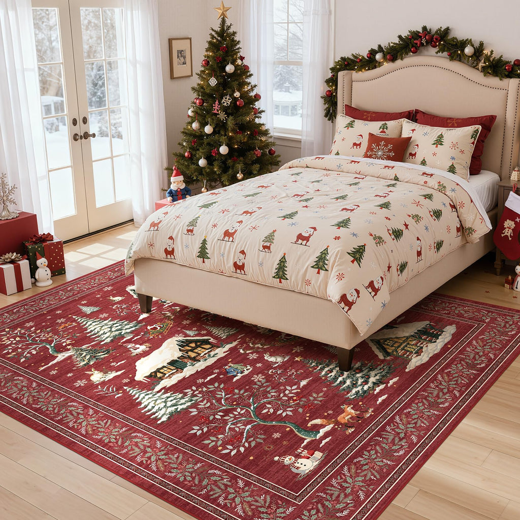 Christmas 8x10 Area Rug, Washable, Traditional, Red