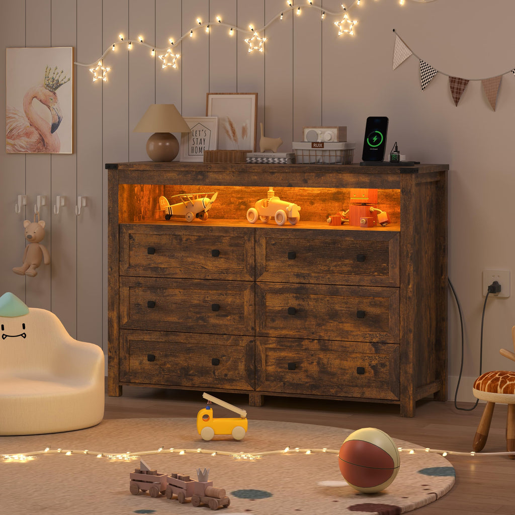 Brown Dresser 6 Drawer Dressers with LED Lights, Charging Station, Wood Chest of Drawers with Metal Handles, Modern