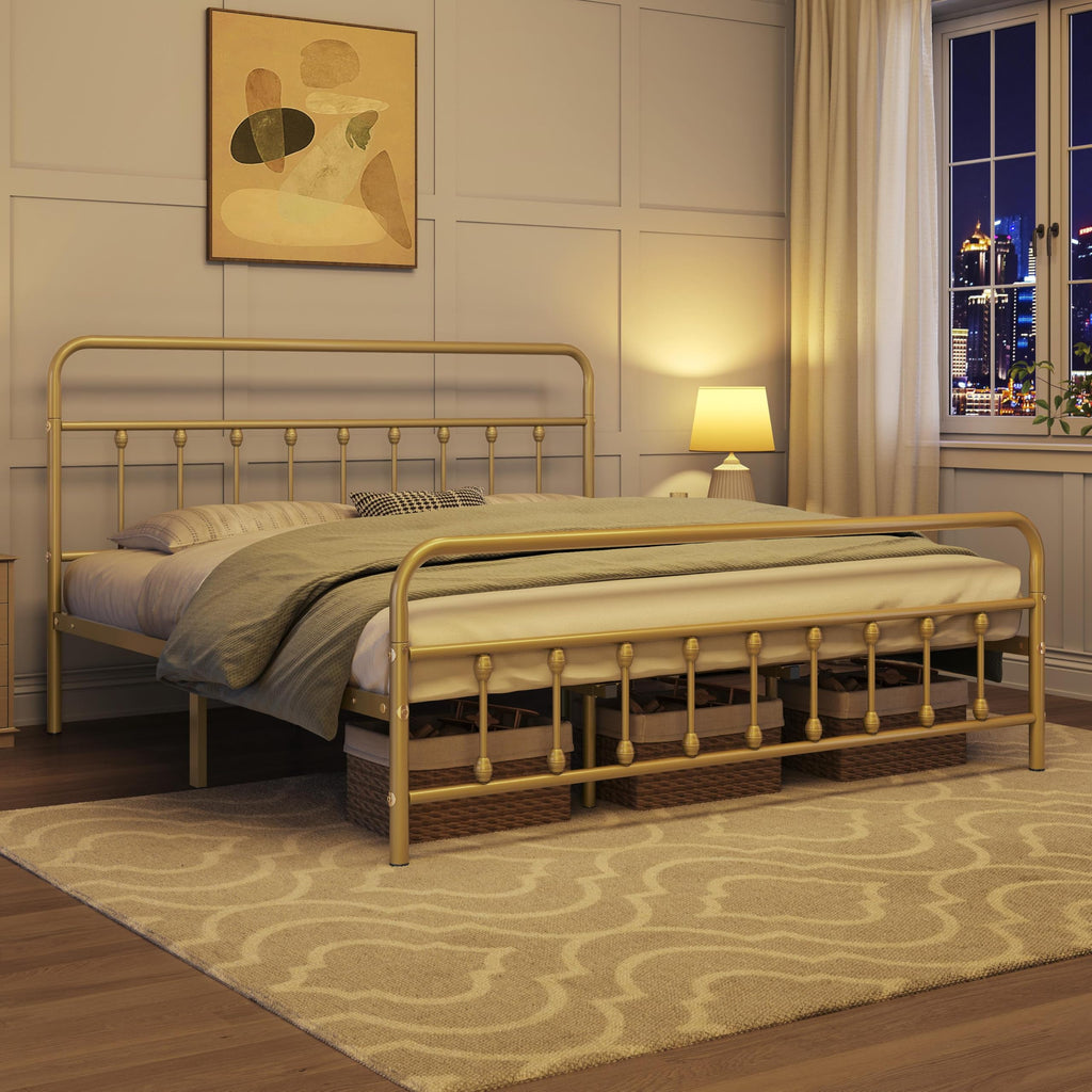 King Metal Bed Frame, Victorian Style Headboard, Antique Gold