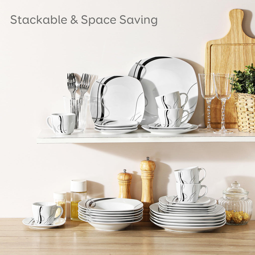 Ceramic Dinnerware Sets for 6, White and Black Dishes Set, FIONA