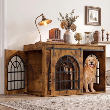 Dog Crate Furniture with Sliding Barn Door (Brown)