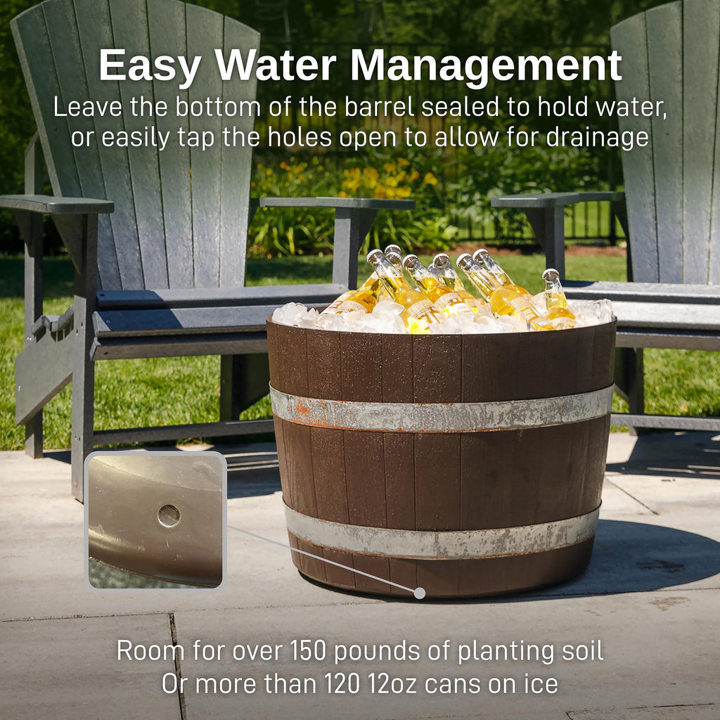 Better Barrel 24-Inch Outdoor Planter, Walnut - Rustic Whiskey Barrel Style Heavy-Duty Resin Pot with Rusting Steel