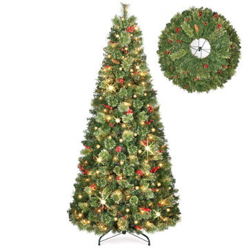6 FT Prelit Pop Up with Lights, Artificial Decorated with Berries and Pine Cones, Tall Foldable Tree with Metal Base