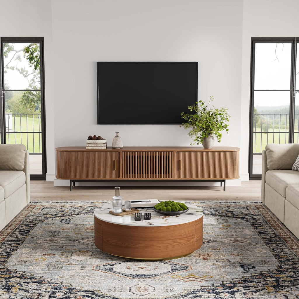 35.43" Modern Round Coffee Table with Storage,Sintered Stone Top Drum Coffee Table with Drawers,Oak Veneer,Circle Coff