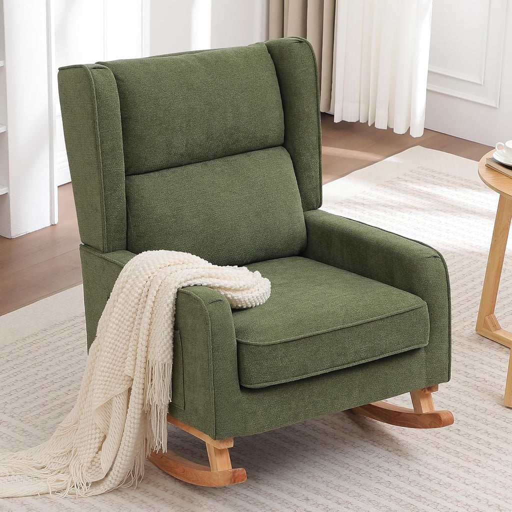 Nursery Rocking Chairs, Rocking Chair Nursery for Mom Nursery Rocker with High Backrest and Solid Wood Legs, Modern