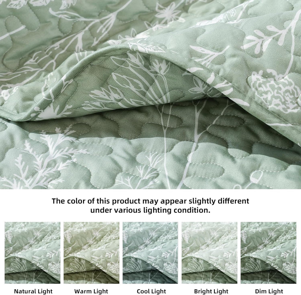 Quilts Queen Sage Green Quilt Botanical with Floral Pattern Microfiber Bedspreads Queen 3 Pieces Lightweight