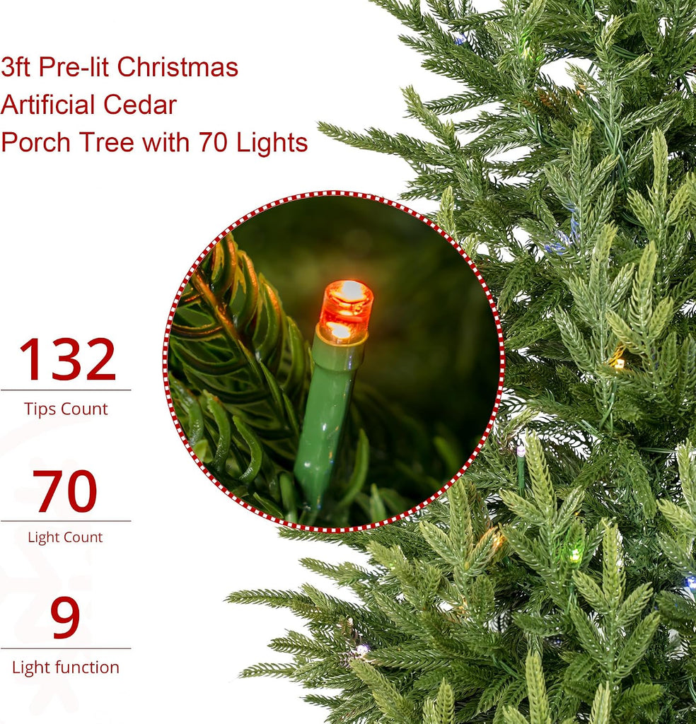 2Pack 3FT Prelit Artificial Christmas Tree with 70 LED Lights, Realistic Cedar Trees Porch Christmas Tree