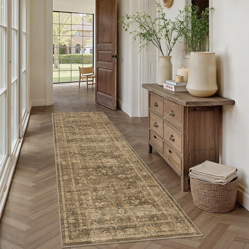 2.6x8 Washable Kitchen Runner Rug Non-Slip Vintage Brown Throw Carpet