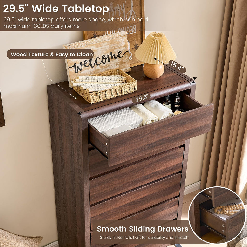 Modern 6 Drawers Dresser, 55.6" Tall Walnut Dressers & Chest of Drawer, Wooden Dresser, Front Curved & Handleless
