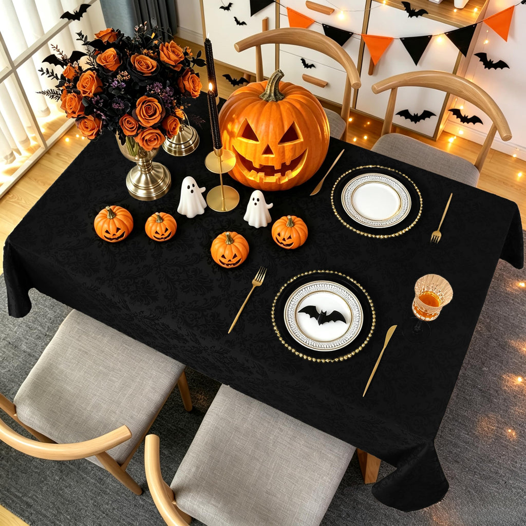 Black Jacquard Damask Rectangular Tablecloth, 52 x 70 Inch