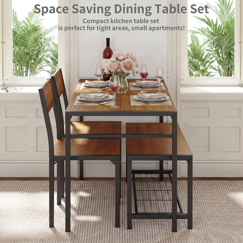 Dining Table Set for 4 with Bench, 4 Pieces Kitchen Table and Chairs, Space-Saving Dinner Table, Extra Storage