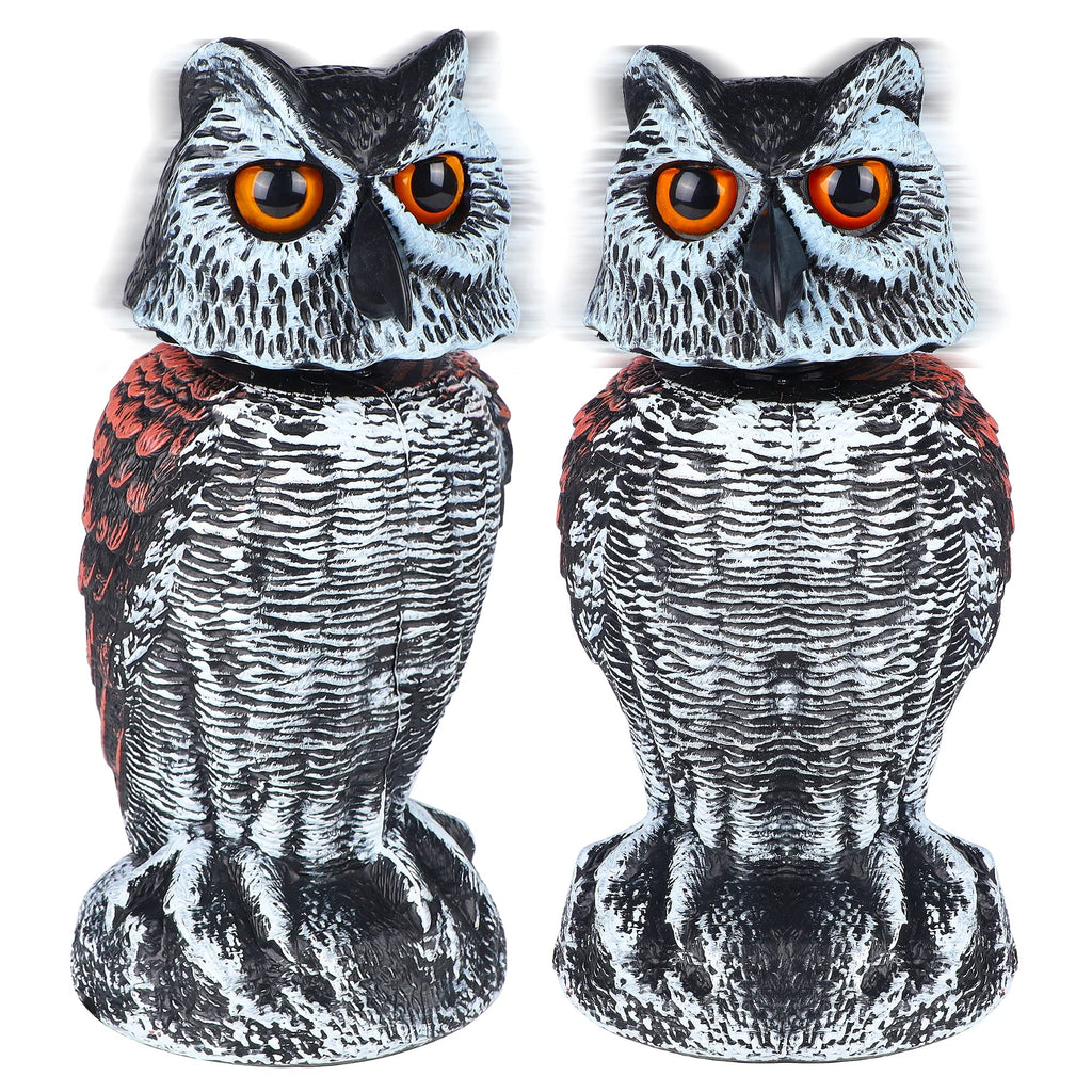 2 Pack Fake Owl Decoy Bird Scarecrow Sculpture, Rotating Head Plastic Owl Bird Deterrents, Nature Enemy Horned Pest