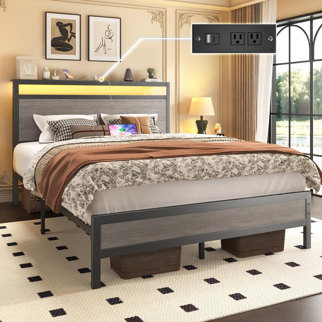Bed Frame with Headboard & Footboard, Bed Frame with Built-in Charging Station & LED Light, Storage Shelf