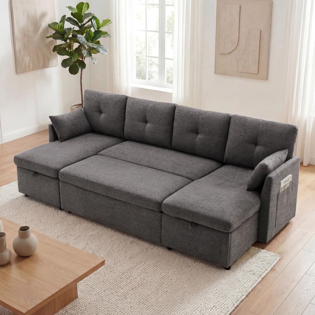 100" Sleeper Sofa Couch, Sectional Sofa Bed, Dark Grey