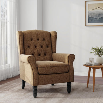 Chenille Wingback Accent Chair, Tufted High Back Armchair, Light Brown