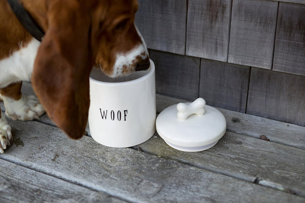 Ceramic Dog Treat Jar with Woof Message and Bone Handle Lid, White and Black